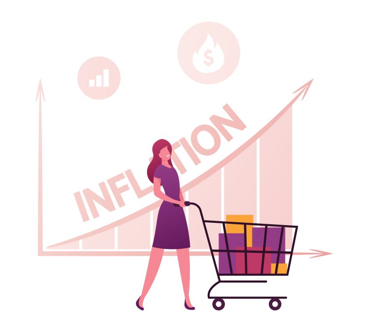 Inflation, Recession and Depreciation Concept. Female Customer Character with Shopping Trolley Looking at Rising Price Arrow Chart. Financial Crisis, Corporate Sale Drop. Cartoon Vector Illustration